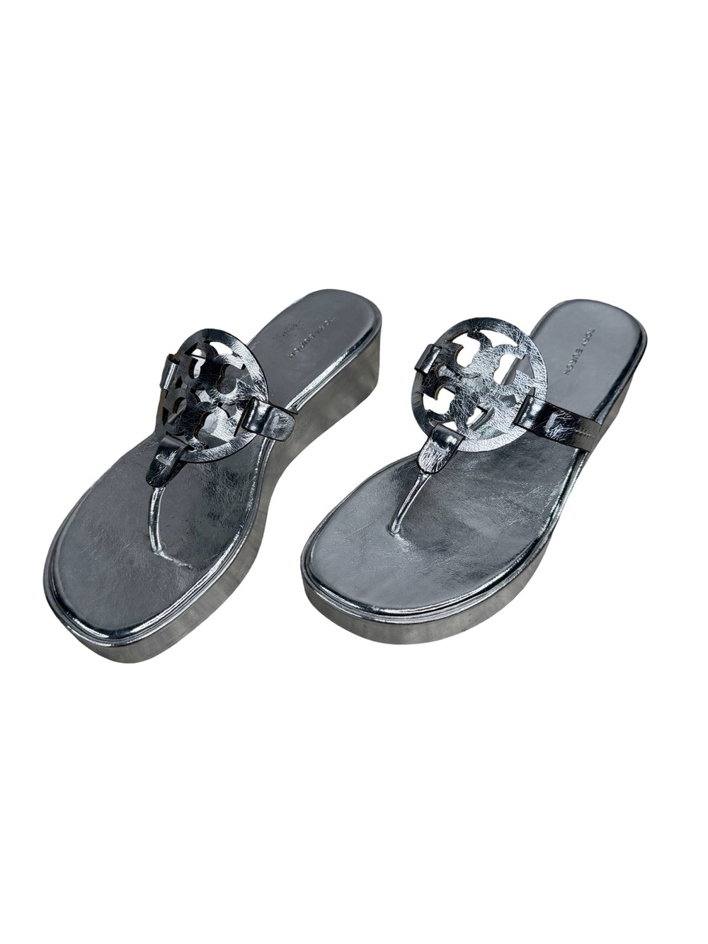 Tory Burch Miller Metallic Silver Wedge Sandals Size 8.5M